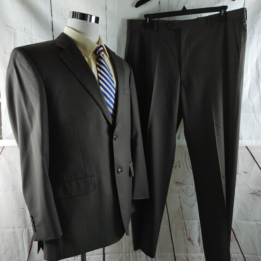 Pronto Uomo Couture Super 120s 44L Olive Striped 2 Button 2pc Suit 39x31.5 FF